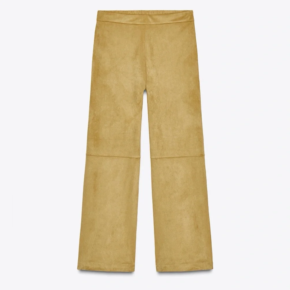 Zara NWT 2 piece matching SET tan faux suede tee shirt & wide leg pants